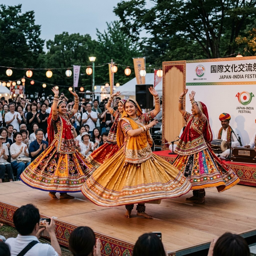 Traditional Rajasthani folk dancers performing at a cultural exchange in Japan