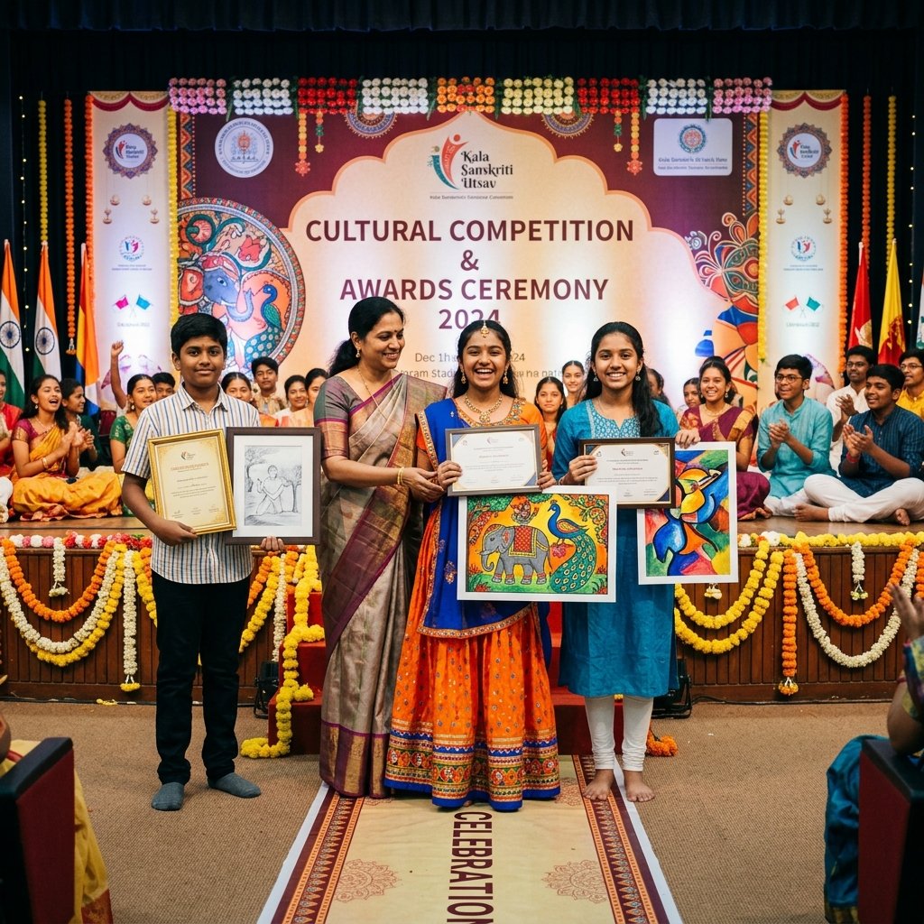 Student artists receiving awards and scholarships at a competition