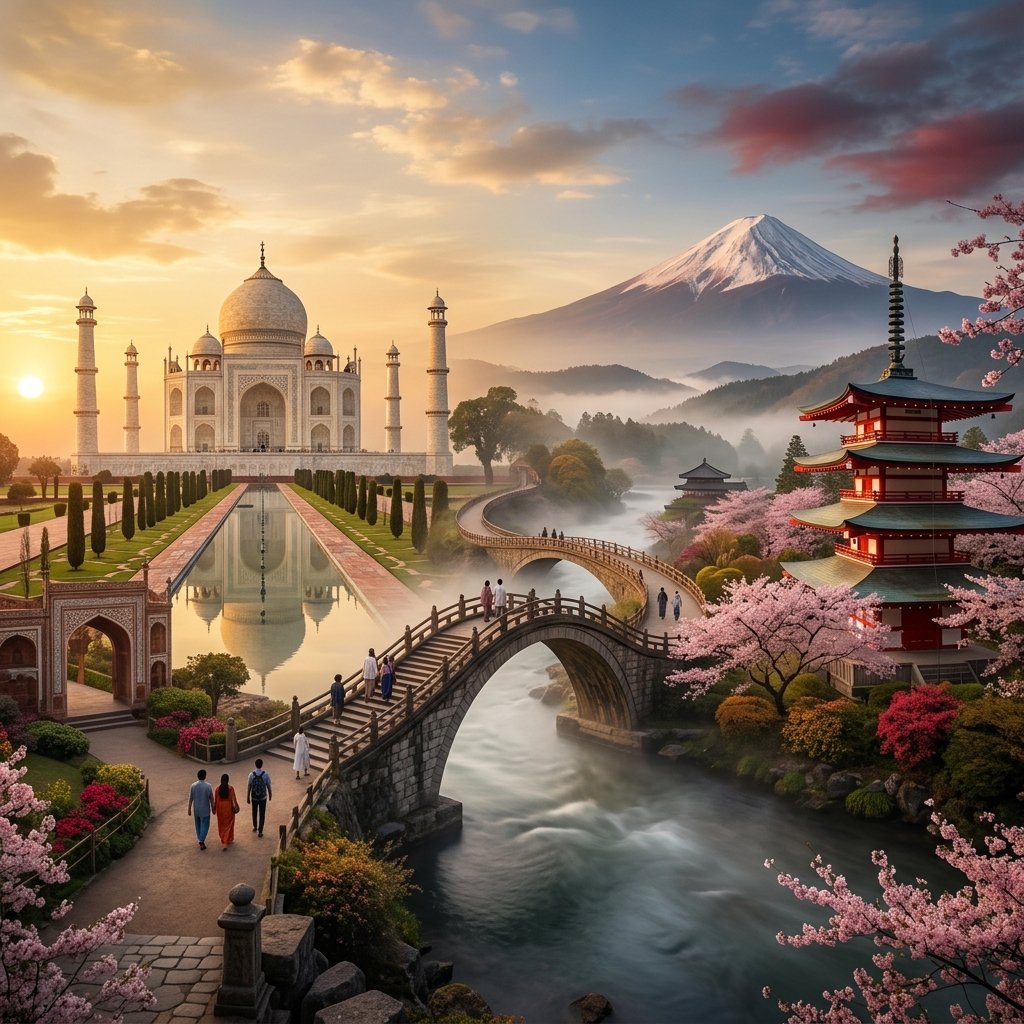 India and Japan cultural landmarks — Taj Mahal and Japanese pagoda connected by centuries of exchange